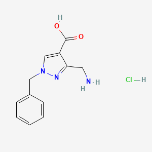 molecular formula C12H14ClN3O2 B2570578 3-(Aminomethyl)-1-benzylpyrazole-4-carboxylic acid;hydrochloride CAS No. 2416237-01-7