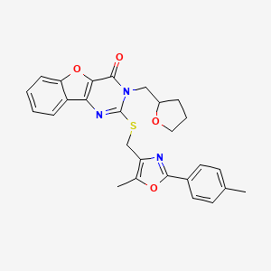 molecular formula C27H25N3O4S B2570625 4-({[5-methyl-2-(4-methylphenyl)-1,3-oxazol-4-yl]methyl}sulfanyl)-5-[(oxolan-2-yl)methyl]-8-oxa-3,5-diazatricyclo[7.4.0.0^{2,7}]trideca-1(9),2(7),3,10,12-pentaen-6-one CAS No. 1031968-82-7