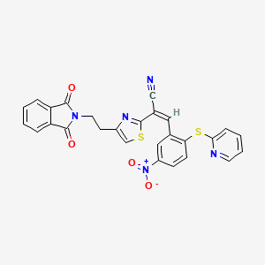 molecular formula C27H17N5O4S2 B2570629 2-{4-[2-(1,3-dioxo-1,3-dihydro-2H-isoindol-2-yl)ethyl]-1,3-thiazol-2-yl}-3-[5-nitro-2-(2-pyridinylsulfanyl)phenyl]acrylonitrile CAS No. 866050-96-6