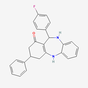 molecular formula C25H21FN2O B2570697 6-(4-Fluorophenyl)-9-phenyl-5,6,8,9,10,11-hexahydrobenzo[b][1,4]benzodiazepin-7-one CAS No. 330557-58-9