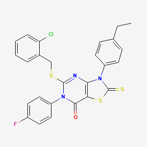 molecular formula C26H19ClFN3OS3 B2570722 5-[(2-Chlorophenyl)methylsulfanyl]-3-(4-ethylphenyl)-6-(4-fluorophenyl)-2-sulfanylidene-[1,3]thiazolo[4,5-d]pyrimidin-7-one CAS No. 422306-19-2