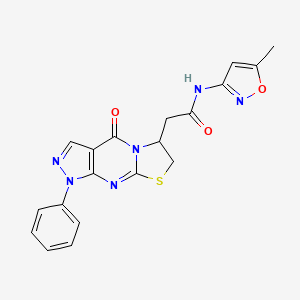 molecular formula C19H16N6O3S B2570795 N-(5-甲基-1,2-噁唑-3-基)-2-(2-氧代-6-苯基-10-硫杂-1,5,6,8-四氮杂三环[7.3.0.03,7]十二-3(7),4,8-三烯-12-基)乙酰胺 CAS No. 946381-67-5