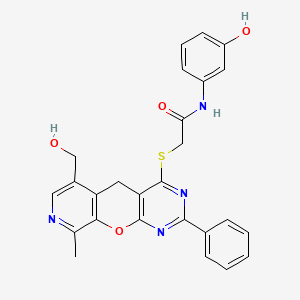 2-{[11-(hydroxymethyl)-14-methyl-5-phenyl-2-oxa-4,6,13-triazatricyclo[8.4.0.0^{3,8}]tetradeca-1(10),3(8),4,6,11,13-hexaen-7-yl]sulfanyl}-N-(3-hydroxyphenyl)acetamide