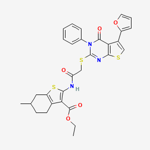 molecular formula C30H27N3O5S3 B2570938 2-(2-((5-(呋喃-2-基)-4-氧代-3-苯基-3,4-二氢噻吩并[2,3-d]嘧啶-2-基)硫代)乙酰氨基)-6-甲基-4,5,6,7-四氢苯并[b]噻吩-3-羧酸乙酯 CAS No. 780805-92-7