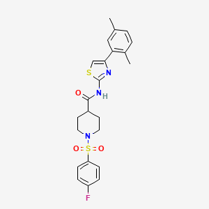 molecular formula C23H24FN3O3S2 B2570970 N-(4-(2,5-二甲苯基)噻唑-2-基)-1-((4-氟苯基)磺酰基)哌啶-4-甲酰胺 CAS No. 923438-49-7