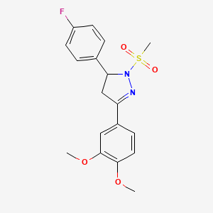 molecular formula C18H19FN2O4S B2571021 3-(3,4-dimethoxyphenyl)-5-(4-fluorophenyl)-1-(methylsulfonyl)-4,5-dihydro-1H-pyrazole CAS No. 488732-17-8