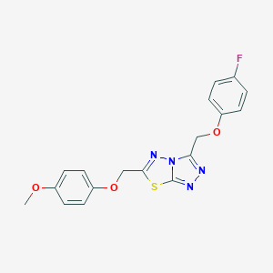 molecular formula C18H15FN4O3S B257103 3-[(4-Fluorophenoxy)methyl]-6-[(4-methoxyphenoxy)methyl][1,2,4]triazolo[3,4-b][1,3,4]thiadiazole 