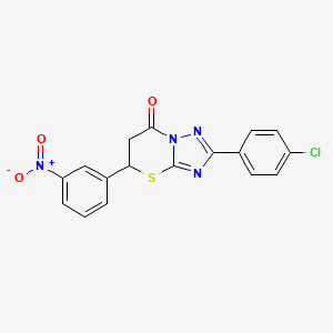 molecular formula C17H11ClN4O3S B2571036 2-(4-Chlorophenyl)-5-(3-nitrophenyl)-5,6-dihydro-[1,2,4]triazolo[5,1-b][1,3]thiazin-7-one CAS No. 637320-39-9