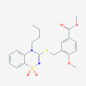 B2571056 methyl 3-(((4-butyl-1,1-dioxido-4H-benzo[e][1,2,4]thiadiazin-3-yl)thio)methyl)-4-methoxybenzoate CAS No. 893790-49-3