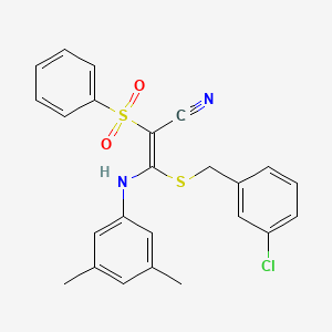 molecular formula C24H21ClN2O2S2 B2571090 (E)-3-((3-chlorobenzyl)thio)-3-((3,5-dimethylphenyl)amino)-2-(phenylsulfonyl)acrylonitrile CAS No. 866348-26-7