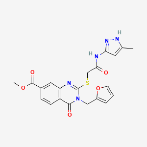 molecular formula C21H19N5O5S B2571129 3-(呋喃-2-基甲基)-2-[2-[(5-甲基-1H-吡唑-3-基)氨基]-2-氧代乙基]硫代-4-氧代喹唑啉-7-甲酸甲酯 CAS No. 852691-37-3