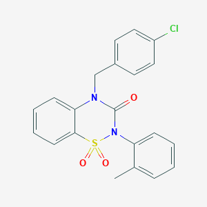 molecular formula C21H17ClN2O3S B2571132 4-(4-chlorobenzyl)-2-(o-tolyl)-2H-benzo[e][1,2,4]thiadiazin-3(4H)-one 1,1-dioxide CAS No. 942034-41-5