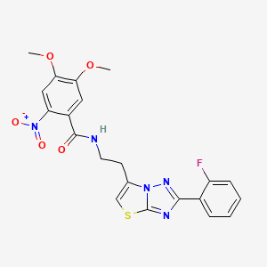 molecular formula C21H18FN5O5S B2571134 N-(2-(2-(2-氟苯基)噻唑并[3,2-b][1,2,4]三唑-6-基)乙基)-4,5-二甲氧基-2-硝基苯甲酰胺 CAS No. 897612-57-6