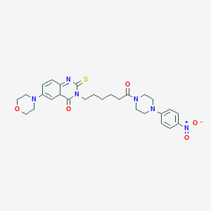 molecular formula C28H34N6O5S B2571197 6-(Morpholin-4-yl)-3-{6-[4-(4-nitrophenyl)piperazin-1-yl]-6-oxohexyl}-2-sulfanylidene-1,2,3,4-tetrahydroquinazolin-4-one CAS No. 689770-33-0