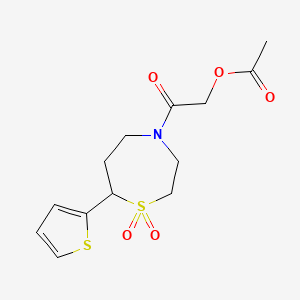 molecular formula C13H17NO5S2 B2571289 2-(1,1-Dioxido-7-(thiophen-2-yl)-1,4-thiazepan-4-yl)-2-oxoethyl acetate CAS No. 2034460-73-4