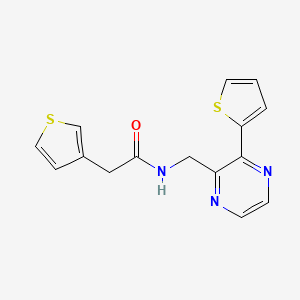 molecular formula C15H13N3OS2 B2571302 N-((3-(thiophen-2-yl)pyrazin-2-yl)methyl)-2-(thiophen-3-yl)acetamide CAS No. 2034240-27-0