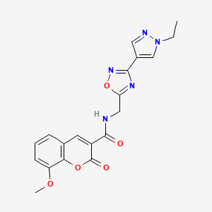 molecular formula C19H17N5O5 B2571369 N-((3-(1-乙基-1H-吡唑-4-基)-1,2,4-恶二唑-5-基)甲基)-8-甲氧基-2-氧代-2H-色满-3-甲酰胺 CAS No. 2034463-32-4