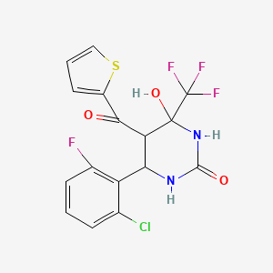 molecular formula C16H11ClF4N2O3S B2571397 6-(2-Chloro-6-fluorophenyl)-4-hydroxy-5-(thiophene-2-carbonyl)-4-(trifluoromethyl)-1,3-diazinan-2-one CAS No. 1005065-25-7
