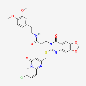 molecular formula C31H28ClN5O7S B2571432 3-(6-(((7-chloro-4-oxo-4H-pyrido[1,2-a]pyrimidin-2-yl)methyl)thio)-8-oxo-[1,3]dioxolo[4,5-g]quinazolin-7(8H)-yl)-N-(3,4-dimethoxyphenethyl)propanamide CAS No. 688059-63-4