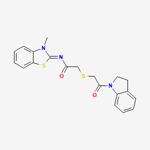 molecular formula C20H19N3O2S2 B2571450 (Z)-2-((2-(indolin-1-yl)-2-oxoethyl)thio)-N-(3-methylbenzo[d]thiazol-2(3H)-ylidene)acetamide CAS No. 851717-25-4