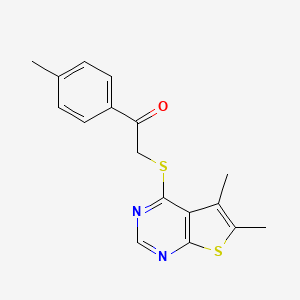 molecular formula C17H16N2OS2 B2571468 2-((5,6-Dimethylthieno[2,3-d]pyrimidin-4-yl)thio)-1-(p-tolyl)ethanone CAS No. 380333-27-7