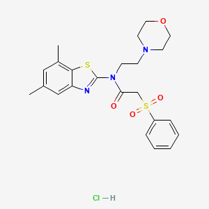 molecular formula C23H28ClN3O4S2 B2571493 N-(5,7-二甲基苯并[d]噻唑-2-基)-N-(2-吗啉乙基)-2-(苯磺酰基)乙酰胺盐酸盐 CAS No. 1215403-07-8