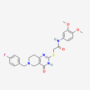 molecular formula C24H25FN4O4S B2571498 N-(3,4-dimethoxyphenyl)-2-{[6-(4-fluorobenzyl)-4-oxo-3,4,5,6,7,8-hexahydropyrido[4,3-d]pyrimidin-2-yl]sulfanyl}acetamide CAS No. 946293-58-9