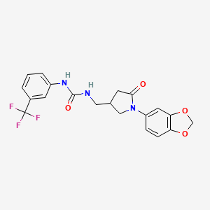 molecular formula C20H18F3N3O4 B2571518 1-((1-(Benzo[d][1,3]dioxol-5-yl)-5-oxopyrrolidin-3-yl)methyl)-3-(3-(trifluoromethyl)phenyl)urea CAS No. 955258-36-3