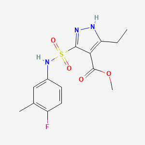 molecular formula C14H16FN3O4S B2571560 3-乙基-5-(N-(4-氟-3-甲苯基)磺酰胺基)-1H-吡唑-4-羧酸甲酯 CAS No. 1324012-37-4