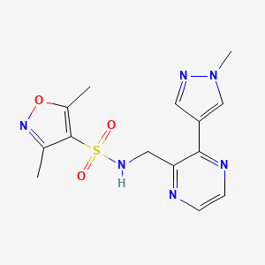 molecular formula C14H16N6O3S B2571682 3,5-dimethyl-N-((3-(1-methyl-1H-pyrazol-4-yl)pyrazin-2-yl)methyl)isoxazole-4-sulfonamide CAS No. 2034614-37-2