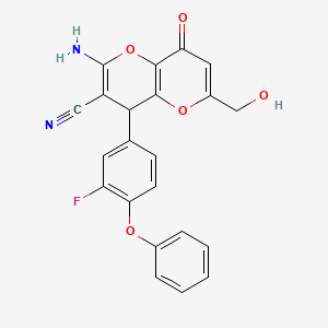 molecular formula C22H15FN2O5 B2571729 2-Amino-4-(3-fluoro-4-phenoxyphenyl)-6-(hydroxymethyl)-8-oxo-4,8-dihydropyrano[3,2-b]pyran-3-carbonitrile CAS No. 896623-65-7