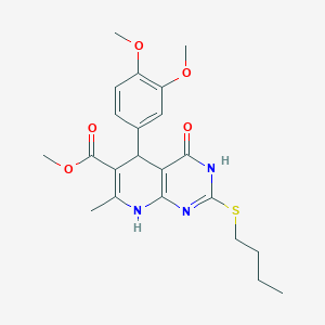 molecular formula C22H27N3O5S B2571816 Methyl 2-(butylthio)-5-(3,4-dimethoxyphenyl)-7-methyl-4-oxo-3,4,5,8-tetrahydropyrido[2,3-d]pyrimidine-6-carboxylate CAS No. 941963-55-9