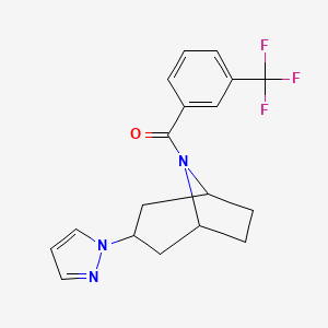 molecular formula C18H18F3N3O B2571898 ((1R,5S)-3-(1H-pyrazol-1-yl)-8-azabicyclo[3.2.1]octan-8-yl)(3-(trifluoromethyl)phenyl)methanone CAS No. 2310102-31-7