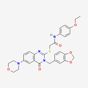 molecular formula C30H30N4O6S B2571941 2-[3-(1,3-苯并二氧杂环-5-基甲基)-6-吗啉-4-基-4-氧代喹唑啉-2-基]硫代基-N-(4-乙氧苯基)乙酰胺 CAS No. 689772-46-1