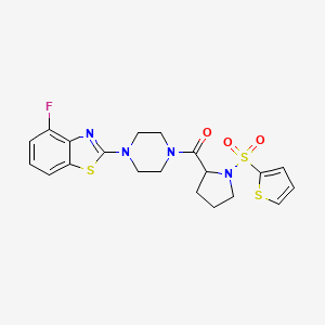 molecular formula C20H21FN4O3S3 B2571950 (4-(4-Fluorobenzo[d]thiazol-2-yl)piperazin-1-yl)(1-(thiophen-2-ylsulfonyl)pyrrolidin-2-yl)methanone CAS No. 1101878-86-7