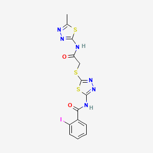 molecular formula C14H11IN6O2S3 B2571951 2-碘-N-[5-[2-[(5-甲基-1,3,4-噻二唑-2-基)氨基]-2-氧代乙基]硫代-1,3,4-噻二唑-2-基]苯甲酰胺 CAS No. 389072-60-0