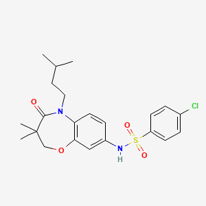 molecular formula C22H27ClN2O4S B2571956 4-氯-N-(5-异戊基-3,3-二甲基-4-氧代-2,3,4,5-四氢苯并[b][1,4]恶二杂环-8-基)苯磺酰胺 CAS No. 922126-09-8