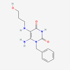 molecular formula C14H18N4O3 B2572067 6-氨基-1-苄基-5-(3-羟基-丙氨基)-1H-嘧啶-2,4-二酮 CAS No. 568544-08-1