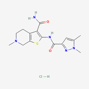 molecular formula C15H20ClN5O2S B2572103 2-(1,5-dimethyl-1H-pyrazole-3-carboxamido)-6-methyl-4,5,6,7-tetrahydrothieno[2,3-c]pyridine-3-carboxamide hydrochloride CAS No. 1330277-39-8