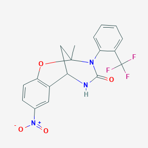 molecular formula C18H14F3N3O4 B2572119 2-methyl-8-nitro-3-(2-(trifluoromethyl)phenyl)-5,6-dihydro-2H-2,6-methanobenzo[g][1,3,5]oxadiazocin-4(3H)-one CAS No. 866016-23-1
