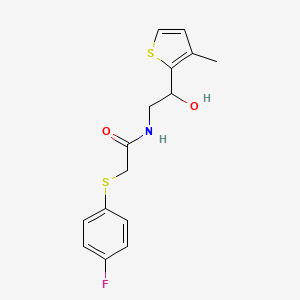 molecular formula C15H16FNO2S2 B2572199 2-((4-氟苯基)硫代)-N-(2-羟基-2-(3-甲硫代噻吩-2-基)乙基)乙酰胺 CAS No. 1351652-59-9