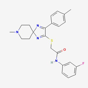 molecular formula C23H25FN4OS B2572233 N-(3-fluorophenyl)-2-((8-methyl-3-(p-tolyl)-1,4,8-triazaspiro[4.5]deca-1,3-dien-2-yl)thio)acetamide CAS No. 1189880-78-1