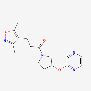 molecular formula C16H20N4O3 B2572259 3-(3,5-Dimethylisoxazol-4-yl)-1-(3-(pyrazin-2-yloxy)pyrrolidin-1-yl)propan-1-one CAS No. 2034250-64-9