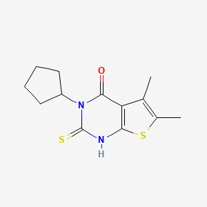 molecular formula C13H16N2OS2 B2572315 3-cyclopentyl-5,6-dimethyl-2-sulfanyl-3H,4H-thieno[2,3-d]pyrimidin-4-one CAS No. 733031-03-3