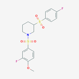 molecular formula C18H19F2NO5S2 B2572323 1-((3-Fluoro-4-methoxyphenyl)sulfonyl)-3-((4-fluorophenyl)sulfonyl)piperidine CAS No. 1797080-01-3