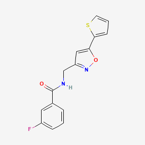 molecular formula C15H11FN2O2S B2572539 3-氟-N-((5-(噻吩-2-基)异恶唑-3-基)甲基)苯甲酰胺 CAS No. 946210-77-1