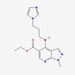 molecular formula C16H20N6O2 B2572576 ethyl 4-{[3-(1H-imidazol-1-yl)propyl]amino}-1-methyl-1H-pyrazolo[3,4-b]pyridine-5-carboxylate CAS No. 866040-05-3
