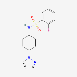 molecular formula C15H18FN3O2S B2572587 2-氟-N-[4-(1H-吡唑-1-基)环己基]苯-1-磺酰胺 CAS No. 2097863-97-1