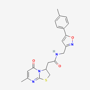 molecular formula C20H20N4O3S B2572659 2-(7-methyl-5-oxo-3,5-dihydro-2H-thiazolo[3,2-a]pyrimidin-3-yl)-N-((5-(p-tolyl)isoxazol-3-yl)methyl)acetamide CAS No. 1208664-43-0