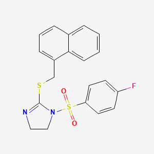 molecular formula C20H17FN2O2S2 B2572677 1-(4-Fluorophenyl)sulfonyl-2-(naphthalen-1-ylmethylsulfanyl)-4,5-dihydroimidazole CAS No. 868218-64-8